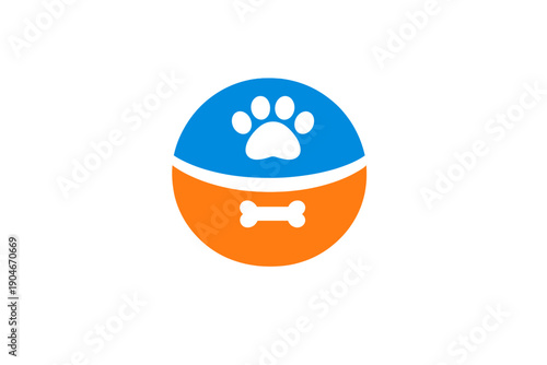 Logo design featuring a circular shape with a paw print above and a bone symbol below in blue and orange colors
