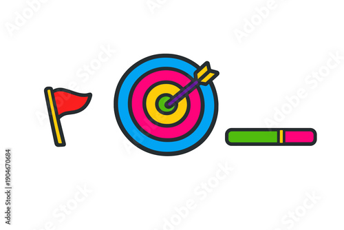 Target practice involves a colorful dartboard, an arrow hitting the center, a flag waving, and a marker for scoring in a fun setting during daytime