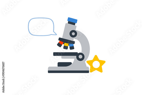 Microscope on a white background with a speech bubble and a star shape next to it showing science and education concepts