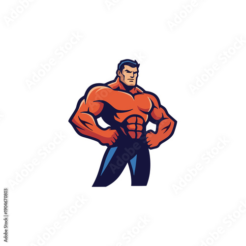 A muscular cartoon man posing confidently with hands on hips in a dynamic vector illustration