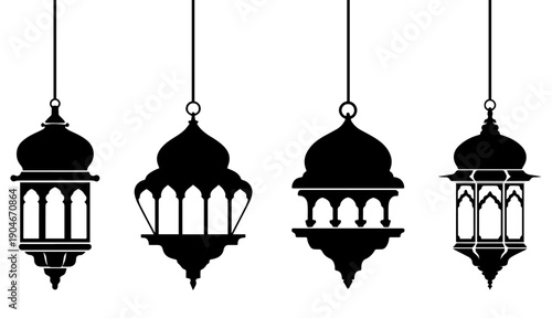 Arabian lanterns and lamp black silhouettes, Vector Islamic Lantern In Ramadan on white Background