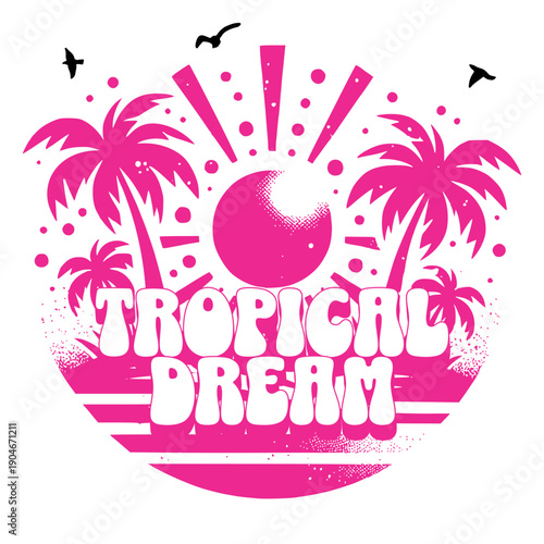 A vibrant tropical dream logo with palm trees and a sunny beach