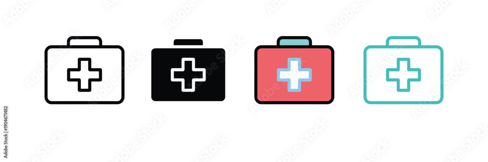 Obraz premium First Aid Kit Icon Set for Medical Emergency, Healthcare Safety, and Hospital Equipment Design vector illustration 