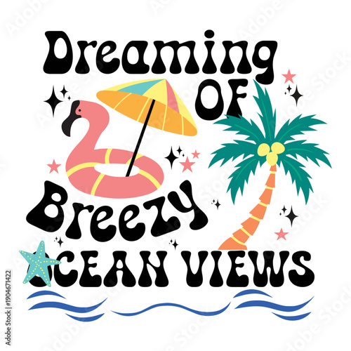 A colorful graphic illustration of a tropical vacation theme with text