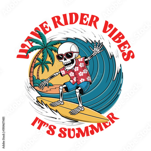 A cartoon skeleton rides a surfboard with a vibrant summer background