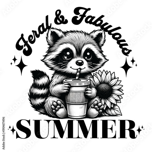 A cartoon raccoon enjoys a refreshing summer drink from a cup