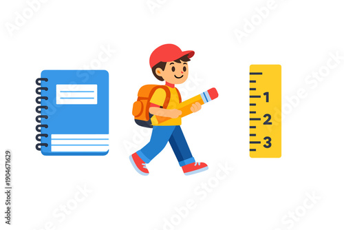 Child walks with a pencil and backpack towards a notebook and ruler in a learning environment during daytime