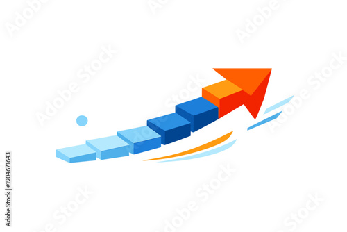Graphic shows a blue and orange arrow moving upwards with a pattern of blocks below it indicating growth and progress in business or finance