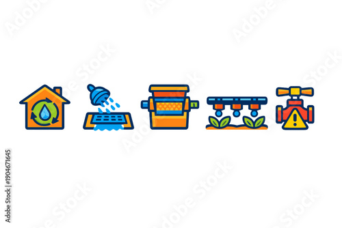 Different steps in water treatment process show home, filtration, collection, and safety measures for clean water
