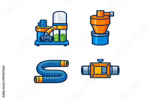 Different tools and equipment for water filtration and circulation are shown in this design displaying how they work together in a filtration system