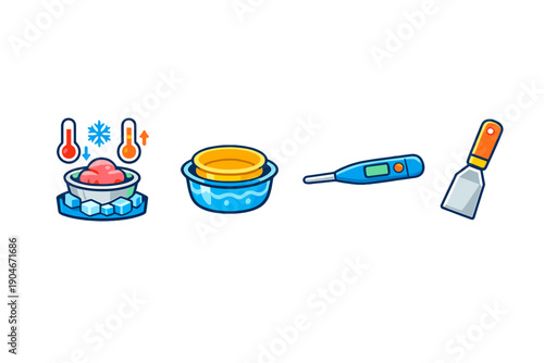 Different tools and materials used for making frozen desserts at home during afternoon hours in a kitchen setup, focusing on various methods