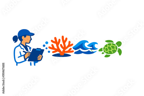 Marine biologist studies coral and turtle in ocean habitat at research station during daylight hours