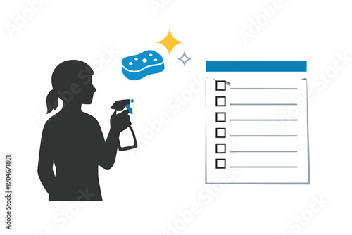 Person uses cleaning spray and sponge while checking a cleaning list at home during the day