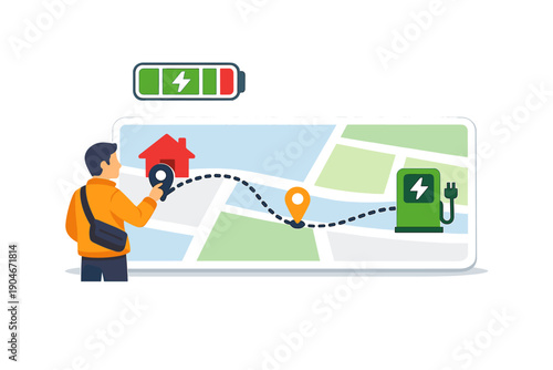 Person looks at a map showing route from home to electric vehicle charging station while checking battery status