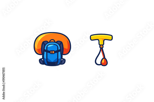 Backpack and toy slingshot displayed on a white background showing outdoor gear and play items suitable for children and young adventurers during summer