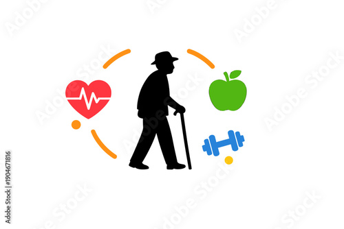 Elderly person walking with a cane while symbols of health appear around, showcasing a focus on fitness and well-being