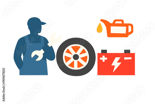 Car maintenance tools and elements arranged to show the importance of regular checks and repairs during vehicle upkeep activities