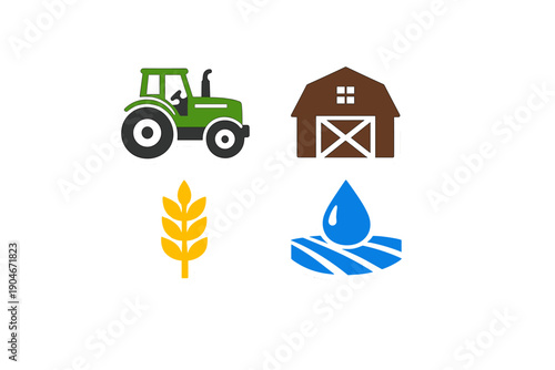 Icons represent farming tools and resources related to agriculture and crop production in a rural setting during modern times