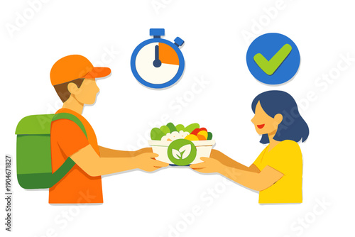 Delivery person hands over fresh produce to a customer in an urban setting during the day while a timer is visible on the side
