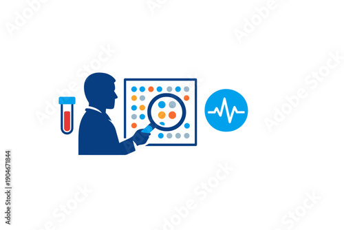 Scientist examines test results in a lab while looking at data on a board and analyzing blood samples