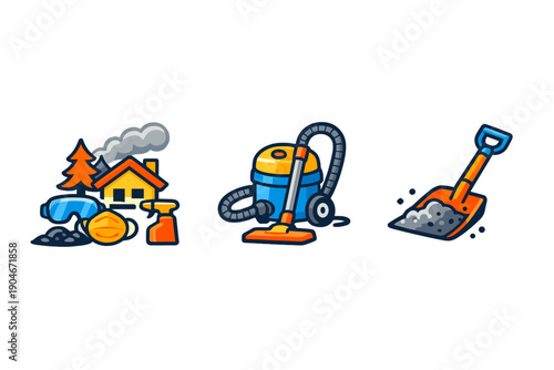 Construction and cleaning tools are displayed showing a home renovation scene with workers using equipment for various tasks indoors and outdoors