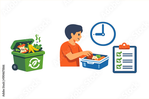 Food waste reduction efforts take place in a community setting with youth engaging in waste management practices and meal preparation activities in late afternoon hours