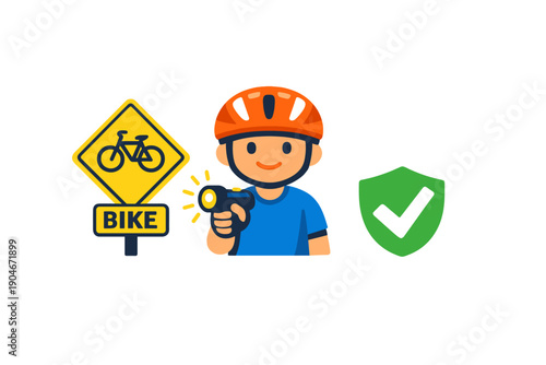 Person with a bike helmet holding a flashlight near a bike sign in a safe area during daytime