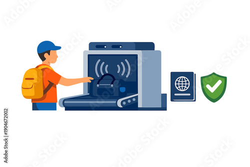 Travel security process at an airport with a person scanning a bag using a machine