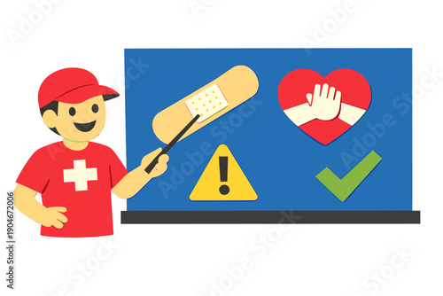 Instructor explains health safety symbols in a classroom setting during a training session for first aid and emergency response