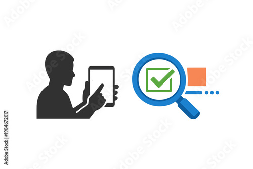 Person using a tablet for checking items with a magnifying glass image on a simple background