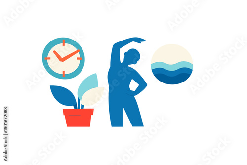 Stretching and relaxing while taking a break in a workspace with plants and clock around morning hours