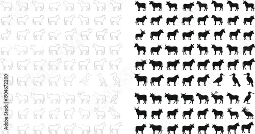 Big collection of farm animal silhouettes and outlines, cow bull horse donkey deer vector icons set, livestock figures isolated on white background.