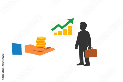 Businessman standing with a briefcase while looking at a hand holding coins and a graph showing growth in a financial setting