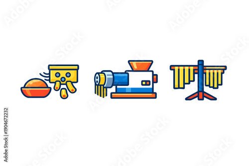 Food preparation involves mixing ingredients, processing with a machine, and drying noodles in a kitchen setting during daytime