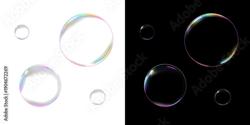 Four transparent soap bubbles of different sizes with colorful shades on split background. Realistic floating soap bubble illustration.