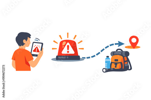 Alert system shows warning on screen while a person checks phone and tracks backpack location at a travel site