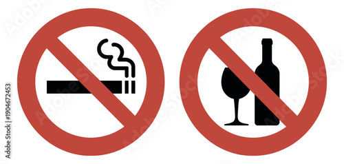 No Smoking and No Alcohol Prohibited Sign Set, Vector Illustration