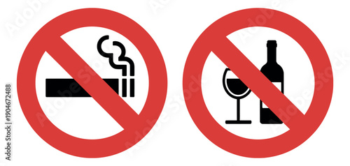 No Smoking and No Drinking Sign Set - Red Circle Prohibition Symbols for Cigarettes and Alcohol Consumption Restriction in Public Areas