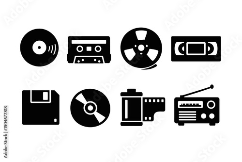 Minimal retro media icon set with vinyl record, cassette, VHS tape, floppy disk, film reel and radio. Flat monochrome icons for music, audio, video, apps, UI and infographics.