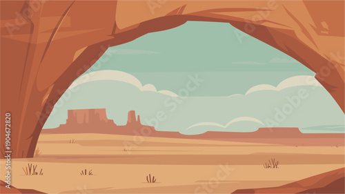 Flat vector illustration of a desert scene featuring a large sandstone arch, distant mesas, sandy terrain, and soft cyan sky with clouds in warm beige and rust tones.