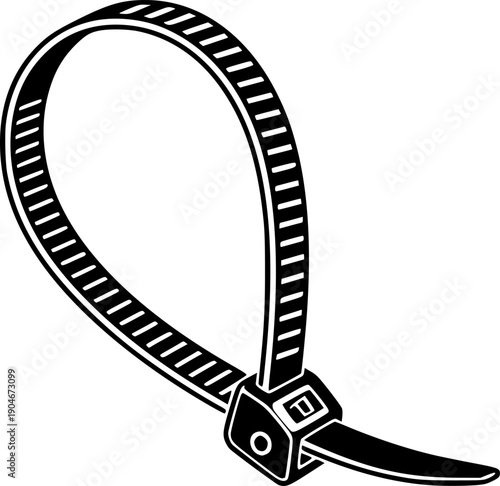 Cable tie forming a loop, ready for securing and bundling objects
