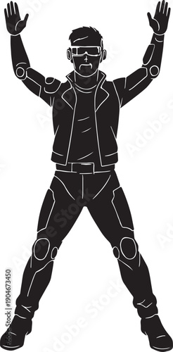 A Cyberpunk Man is doing jumping jack in black and white silhouette vector art design with transparent background