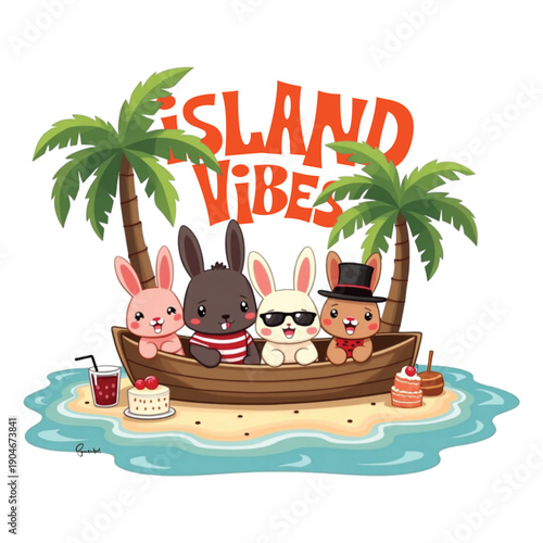 A group of cartoon animals enjoy island life on a tropical beach