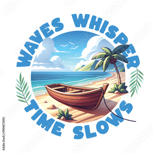 A serene beach scene with a wooden boat and palm tree present