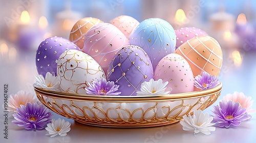 Colorful decorated Easter eggs in a bowl
