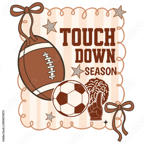 A colorful illustration of sports equipment and decorations for touchdown season