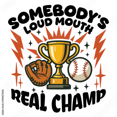 A cartoon illustration of a baseball trophy and glove with text