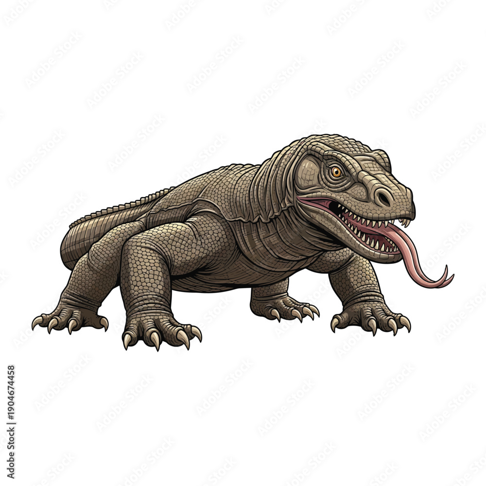 Fototapeta premium Digital illustration of a brown prehistoric creature with an extended tongue on a white background