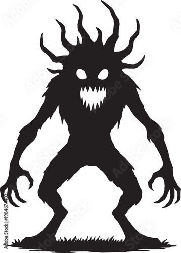 A rare monster in horror and feared shape in black and white silhouette vector art design with transparent background 
