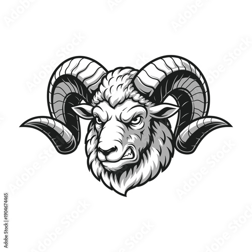Illustration of a ram's head with large curved horns on a white background